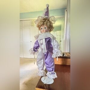 House of Lloyd Adorable Porcelain Clown Doll in Purple and White